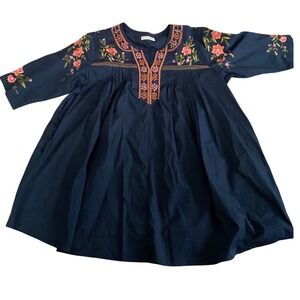 Wayward Fancies eShakti Navy Blue Floral Embroidered Babydoll Tunic Dress L 14